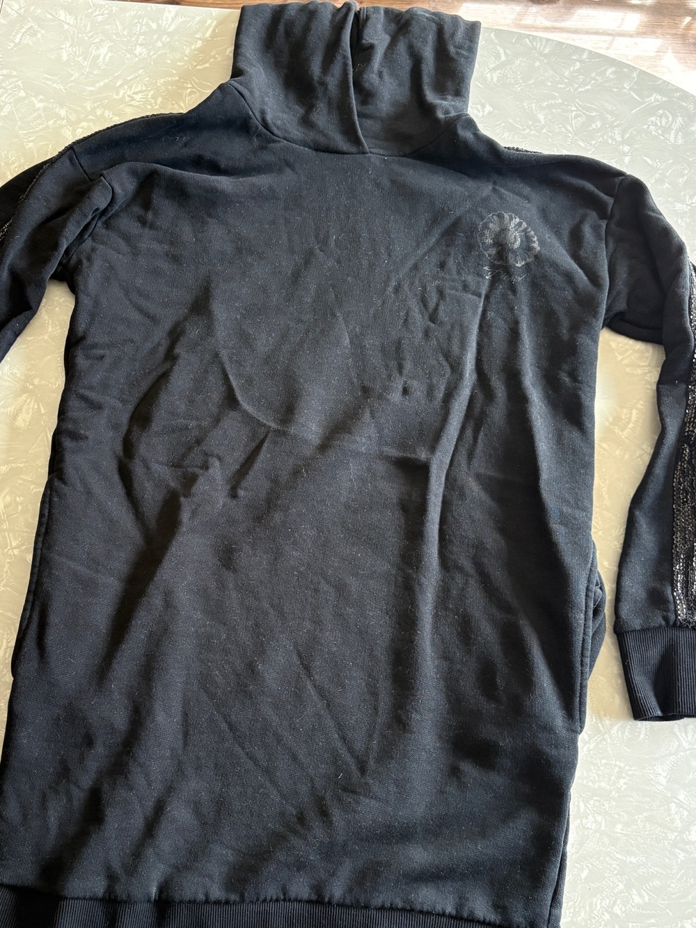 Diesel Black Longline Hoodie with Sequin Sleeve and Daisy Detail